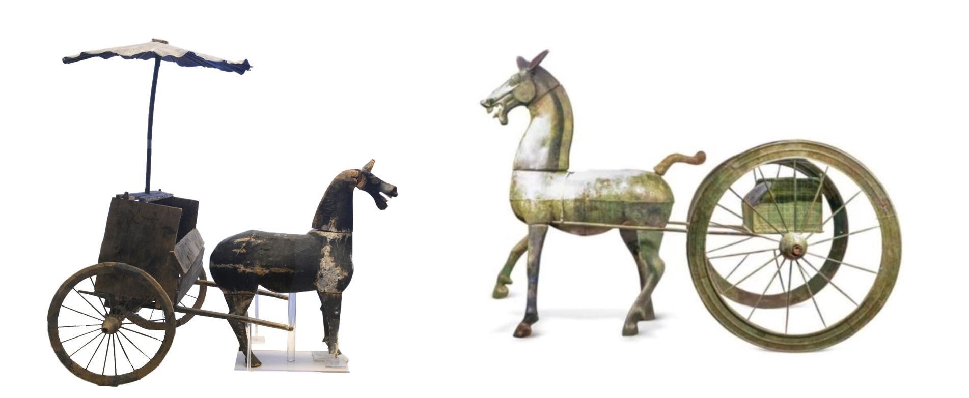 △左為漢代木軺車，藏于青海省博物館；右為東漢銅車馬，藏于黔西南州博物館。