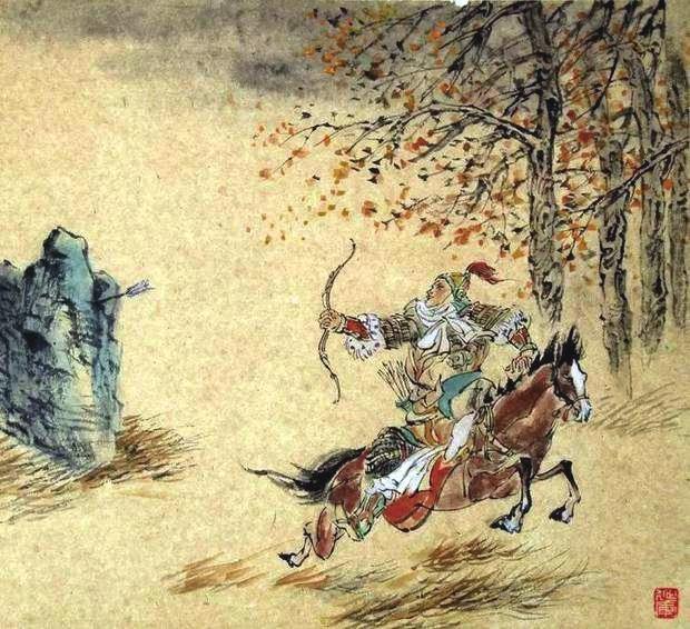 “林暗草驚風(fēng)，將軍夜引弓。”畫作